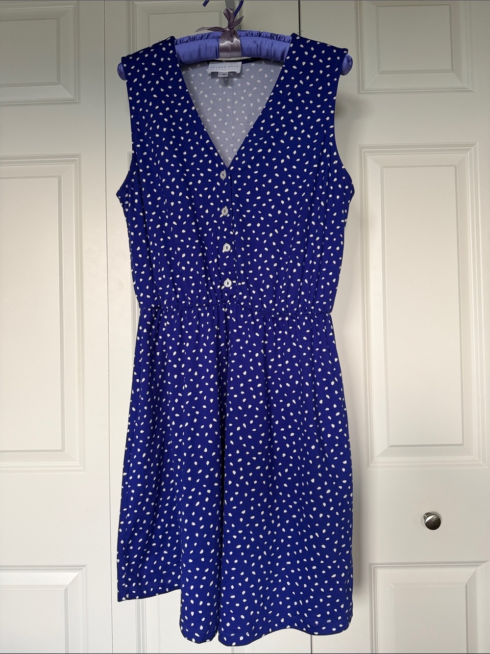 French Grey Royal Blue Polka Dot V-Neck Mini Dress